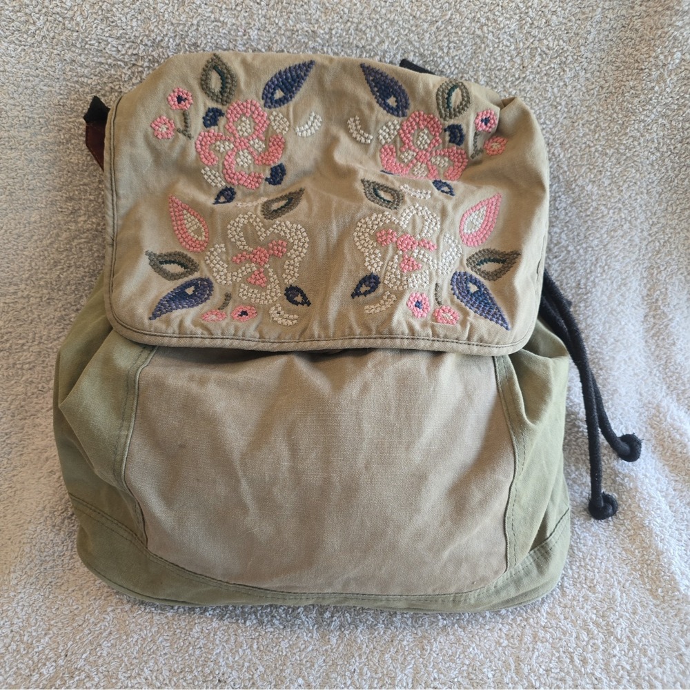 Mossimo Tan/green Canvas Drawstring Backpack W/floral Embroidery Y2K Vibes